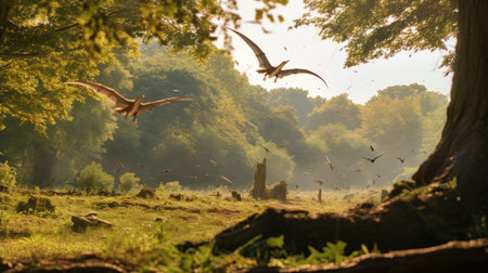 View of pterodactyls in an ancient environment. Ancient creatures in their natural habitat. Prehistoric natural landscape with pterodactylsの素材