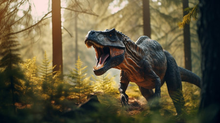 View of the giant T-Rex dinosaurs in an ancient environment. Ancient creatures in their natural habitat. Prehistoric natural landscape with dinosaursの素材