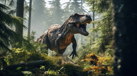 View of the giant T-Rex dinosaurs in an ancient environment. Ancient creatures in their natural habitat. Prehistoric natural landscape with dinosaursの素材