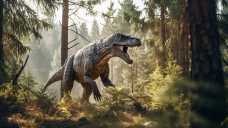 View of the giant T-Rex dinosaurs in an ancient environment. Ancient creatures in their natural habitat. Prehistoric natural landscape with dinosaursの素材