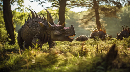 View of the giant triceratops dinosaurs in an ancient environment. Ancient creatures in their natural habitat. Prehistoric natural landscape with dinosaursの素材