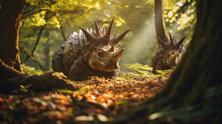 View of the giant triceratops dinosaurs in an ancient environment. Ancient creatures in their natural habitat. Prehistoric natural landscape with dinosaursの素材
