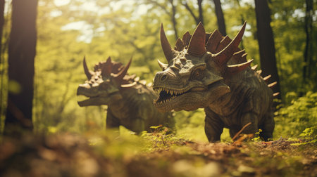 View of the giant triceratops dinosaurs in an ancient environment. Ancient creatures in their natural habitat. Prehistoric natural landscape with dinosaursの素材
