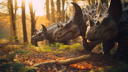 View of the giant triceratops dinosaurs in an ancient environment. Ancient creatures in their natural habitat. Prehistoric natural landscape with dinosaursの素材