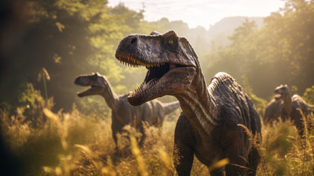 View of Velociraptor dinosaurs in an ancient environment. Ancient creatures in their natural habitat. Prehistoric natural landscape with dinosaursの素材