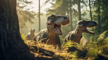 View of Velociraptor dinosaurs in an ancient environment. Ancient creatures in their natural habitat. Prehistoric natural landscape with dinosaursの素材