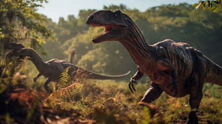 View of Velociraptor dinosaurs in an ancient environment. Ancient creatures in their natural habitat. Prehistoric natural landscape with dinosaursの素材