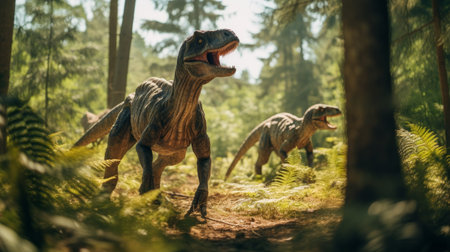View of Velociraptor dinosaurs in an ancient environment. Ancient creatures in their natural habitat. Prehistoric natural landscape with dinosaursの素材