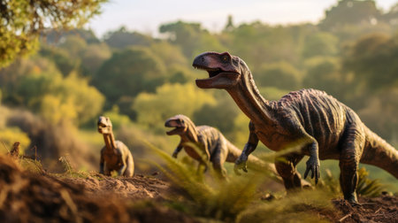 View of Velociraptor dinosaurs in an ancient environment. Ancient creatures in their natural habitat. Prehistoric natural landscape with dinosaursの素材