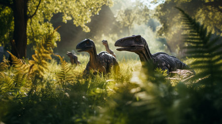 View of Velociraptor dinosaurs in an ancient environment. Ancient creatures in their natural habitat. Prehistoric natural landscape with dinosaursの素材