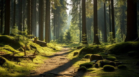 An ancient forest on a bright sunny day. Bright colors of the surrounding nature. Unique natural colorsの素材