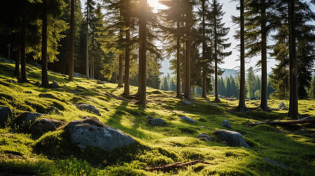 An ancient forest on a bright sunny day. Bright colors of the surrounding nature. Unique natural colorsの素材