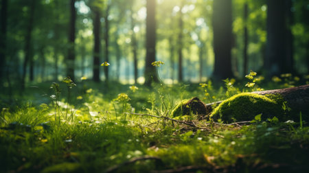 An ancient forest on a bright sunny day. Bright colors of the surrounding nature. Unique natural colorsの素材
