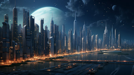Sci-fi future city with giant skyscrapers. A metropolis with huge neighborhoods and developed infrastructureの素材