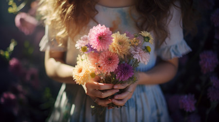 Portrait of a little girl with a bouquet of bright flowers in her hands. Lifestyle. International Women's Day or Mother's Dayの素材