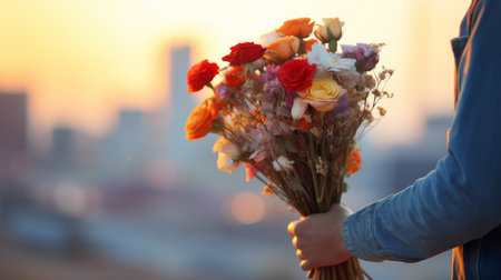 Man holds a bouquet of flowers as a gift for Valentine's Day or birthday. Exquisite congratulation against the backdrop of city lightsの素材