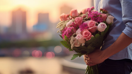 Man holds a bouquet of flowers as a gift for Valentine's Day or birthday. Exquisite congratulation against the backdrop of city lightsの素材