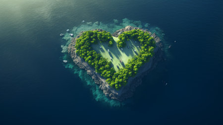 Green island in the sea in the shape of a heart. Romantic image of the island of love. Gift for Valentine's Day, Birthday, Wedding Anniversaryの素材