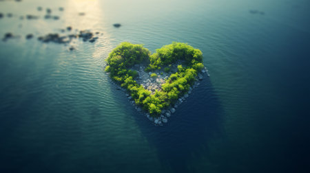 Green island in the sea in the shape of a heart. Romantic image of the island of love. Gift for Valentine's Day, Birthday, Wedding Anniversaryの素材