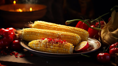 Roasted corn dish with apple slices and chili. Salad made from healthy and nutritious ingredientsの素材