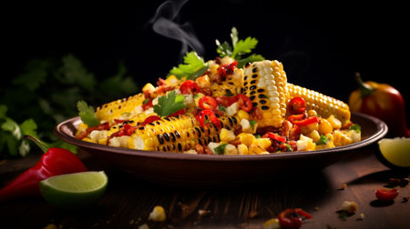 Roasted corn dish with apple slices and chili. Salad made from healthy and nutritious ingredientsの素材