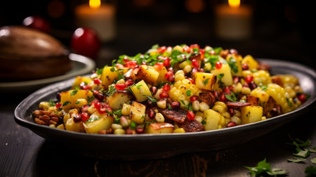 Roasted corn dish with apple slices and chili. Salad made from healthy and nutritious ingredientsの素材