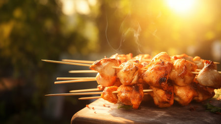 Appetizing chicken skewers with spices in oil. Restaurant dish with tasty ingredients close-upの素材