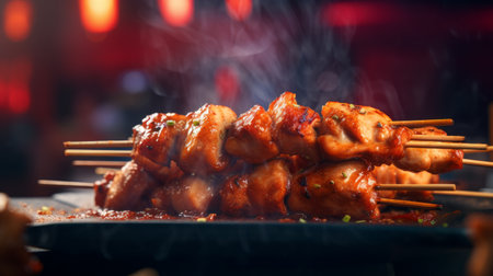 Appetizing chicken skewers with spices in oil. Restaurant dish with tasty ingredients close-upの素材