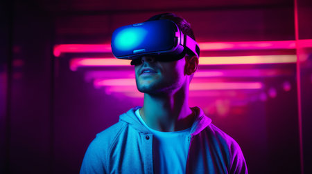 Man wearing virtual reality glasses in a neon room. A stylish gadget for virtual and augmented reality. Lifestyle like a cyberpunkの素材