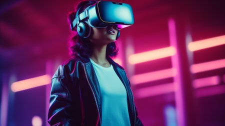 Woman wearing virtual reality glasses in a neon room. A stylish gadget for virtual and augmented reality. Lifestyle like a cyberpunkの素材
