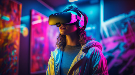 Woman wearing virtual reality glasses in a neon room. A stylish gadget for virtual and augmented reality. Lifestyle like a cyberpunkの素材
