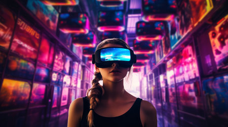 Woman wearing virtual reality glasses in a neon room. A stylish gadget for virtual and augmented reality. Lifestyle like a cyberpunkの素材