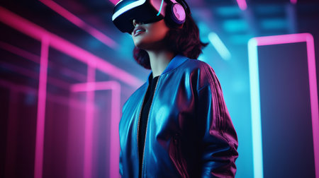 Woman wearing virtual reality glasses in a neon room. A stylish gadget for virtual and augmented reality. Lifestyle like a cyberpunkの素材