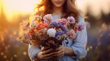 Woman holds a bouquet of flowers as a gift for a birthday or other holiday. Exquisite congratulations on a beautiful backgroundの素材