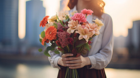 Woman holds a bouquet of flowers as a gift for a birthday or other holiday. Exquisite congratulations on a beautiful backgroundの素材