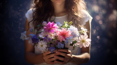 Woman holds a bouquet of flowers as a gift for a birthday or other holiday. Exquisite congratulations on a beautiful backgroundの素材