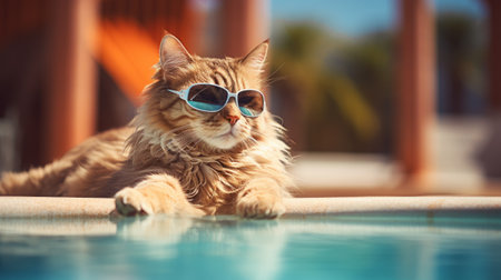 Stylish cat in sunglasses in the pool. A funny photo of a catの素材
