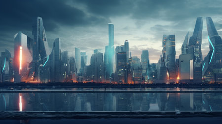 Giant metropolis of the future with skyscrapers. Bright colorful city of the futureの素材