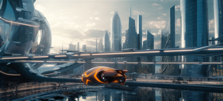 Giant metropolis of the future with skyscrapers. Bright colorful city of the futureの素材