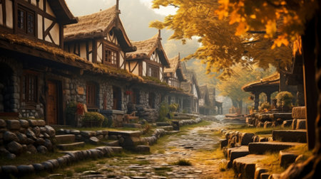 Ancient village with beautiful buildings and streets. Stylish image of ancient small townsの素材