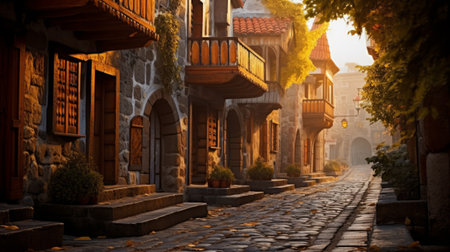 Ancient village with beautiful buildings and streets. Stylish image of ancient small townsの素材