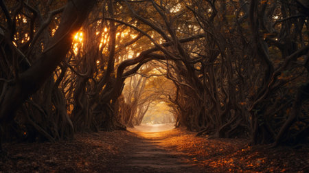 Path in the autumn forest. Tunnel of tree branches on a sunny summer dayの素材