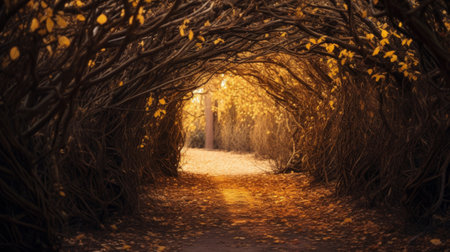 Path in the autumn forest. Tunnel of tree branches on a sunny summer dayの素材