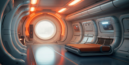 Futuristic premises of a future space base. The interior of premises on other planets during the colonization of other worlds by humanityの素材