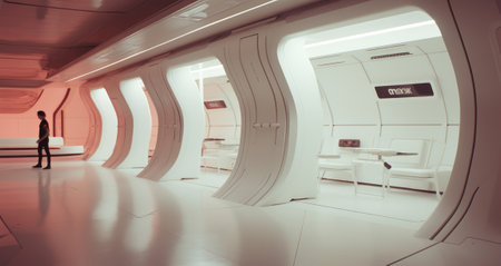 Futuristic premises of a future space base. The interior of premises on other planets during the colonization of other worlds by humanityの素材