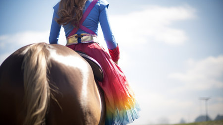 Young girl riding a horse in the countryside. Women's horse riding on a sunny dayの素材