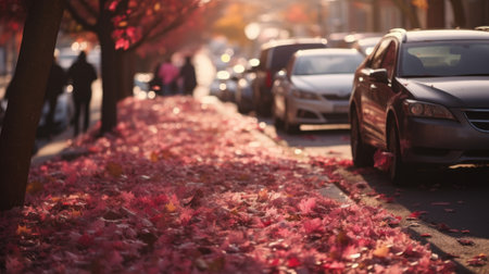 Pink foliage on a city street. Fantastic reality with pink flowers of nature in the cityの素材