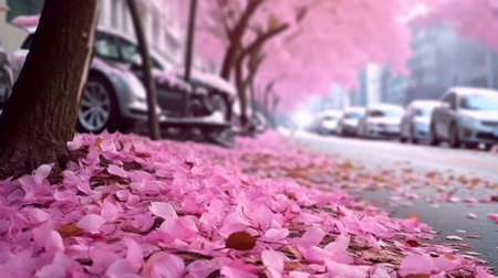 Pink foliage on a city street. Fantastic reality with pink flowers of nature in the cityの素材