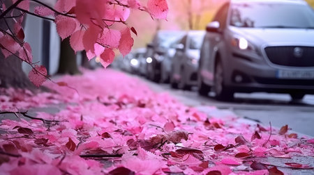 Pink foliage on a city street. Fantastic reality with pink flowers of nature in the cityの素材