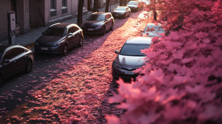 Pink foliage on a city street. Fantastic reality with pink flowers of nature in the cityの素材
